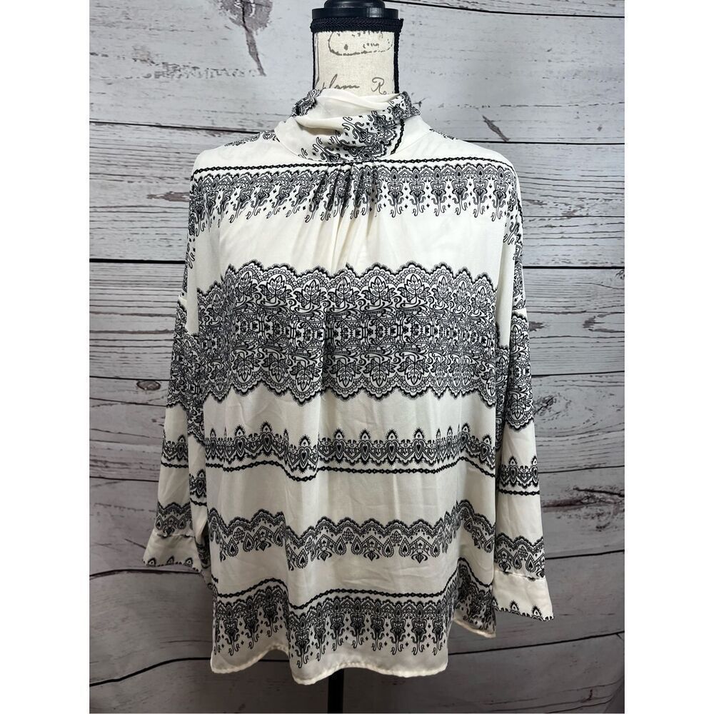 New York Company Wom. XL Black White Lace Print Mock Neck Long Sleeve Blouse Top
